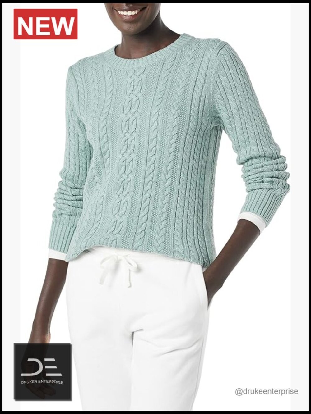 Soft Cotton Fisherman Cable Knit Long-Sleeve Crewneck Sweater Plus Size